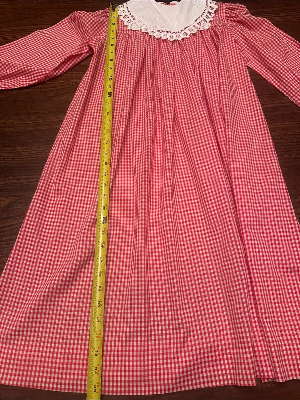 Girls red and white Gingham Long-Sleeve Dress with Lace Collar